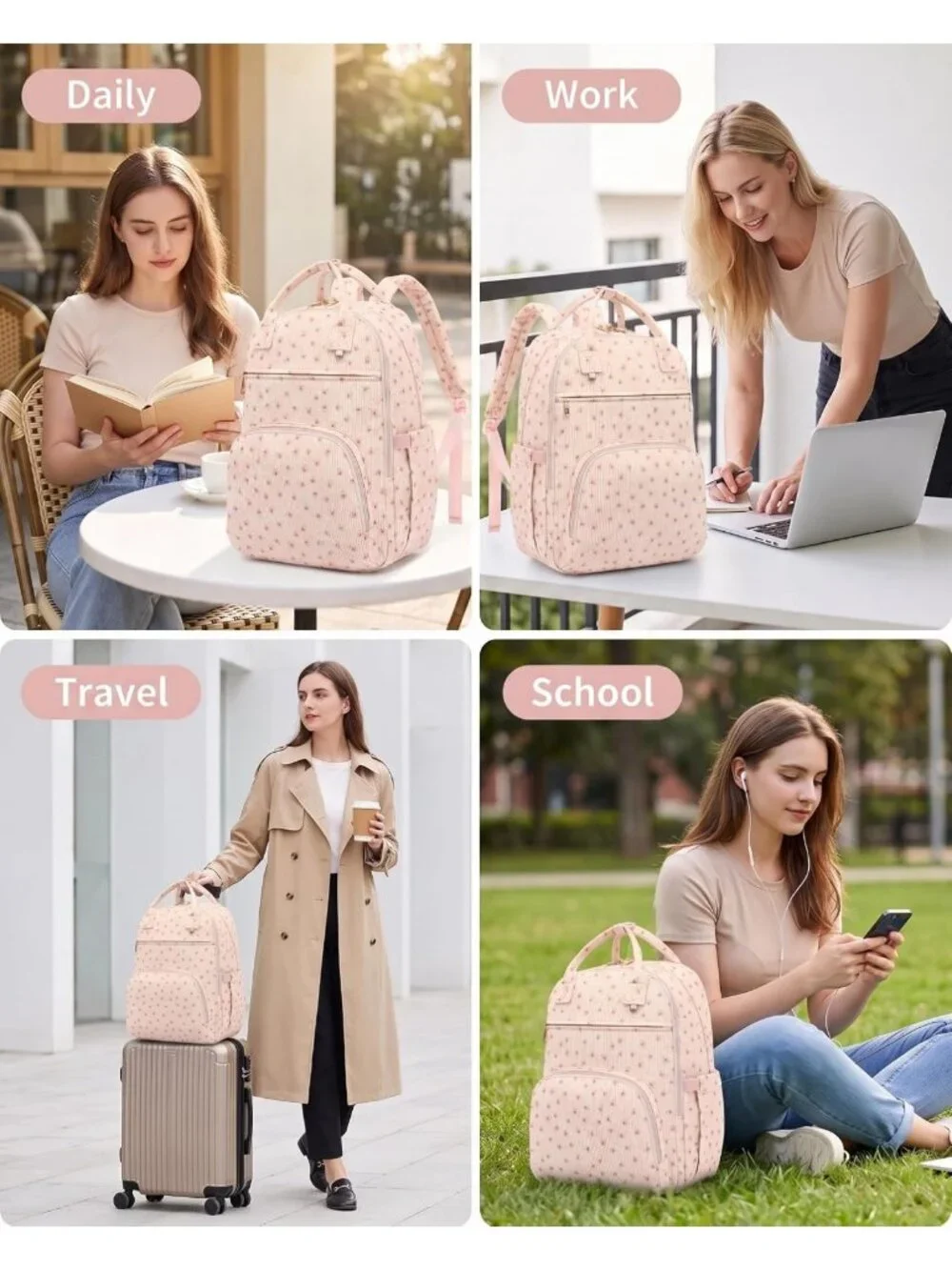 Floral Pink Laptop Backpack for Women, Lightweight School Bag with Compartment